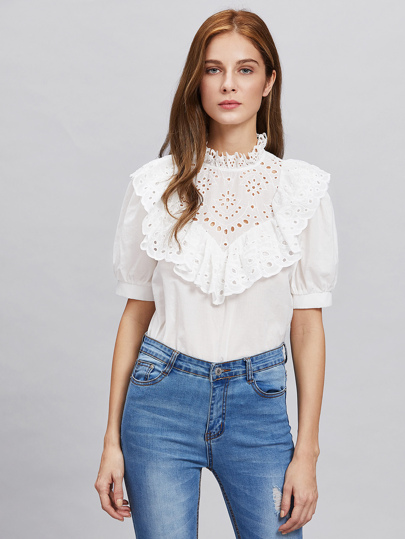 Eyelet Embroidered Frill Trim Puff Sleeve Blouse