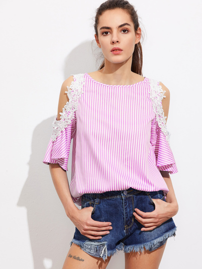 Lace Applique Open Shoulder Keyhole Back Top