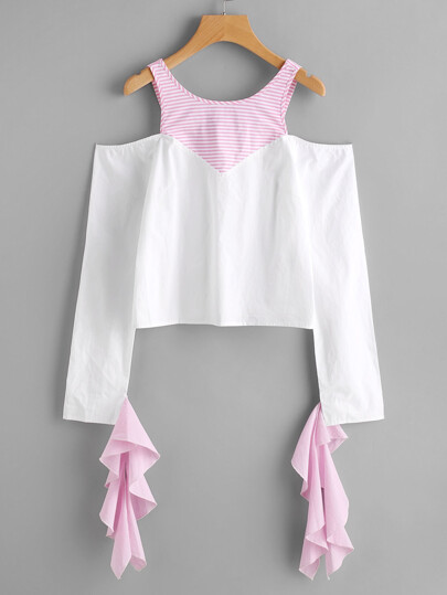 Striped Yoke Open Shoulder Frilled Cuff Blouse