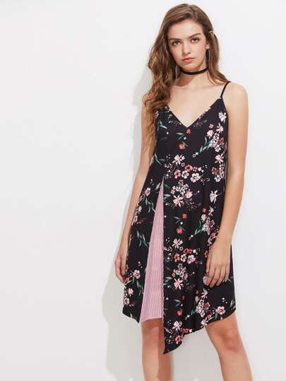Botanical Print Striped Godet Cami Dress