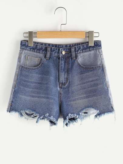 Two Tone Raw Hem Denim Shorts