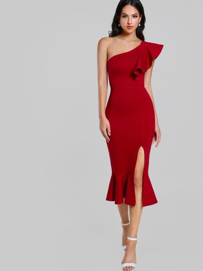 Flounce One Shoulder Slit Fishtail Dress