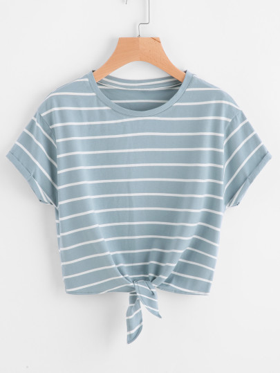 Knot Front Cuffed Sleeve Striped Tee