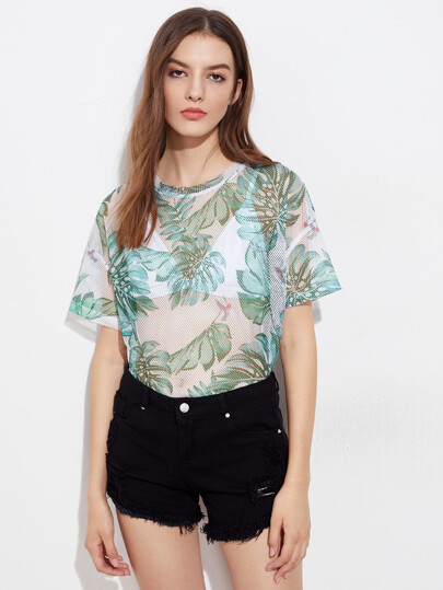Drop Shoulder Foliage Print Fishnet Tee