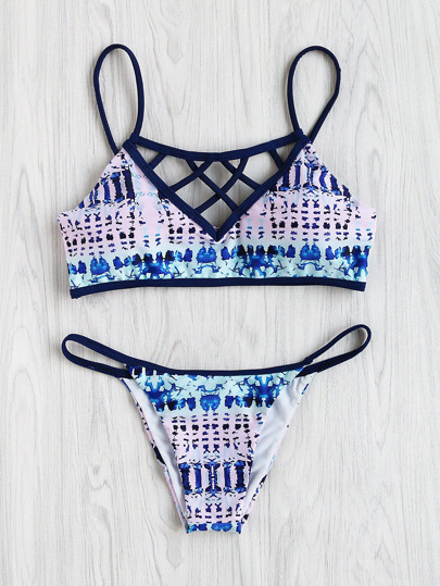 Tie Dye Print Caged Bikini Set