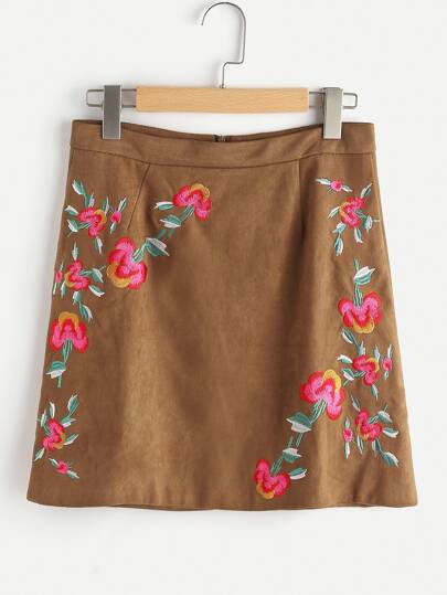 Flower Embroidery Zipper Back Suede Skirt
