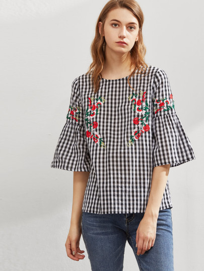 Symmetric Flower Embroidered Fluted Sleeve Checkered Top