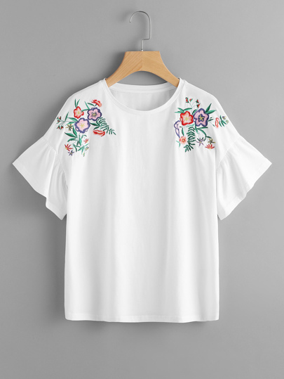 T-Shirt mit Blumen Stickereien und Faltenärmeln