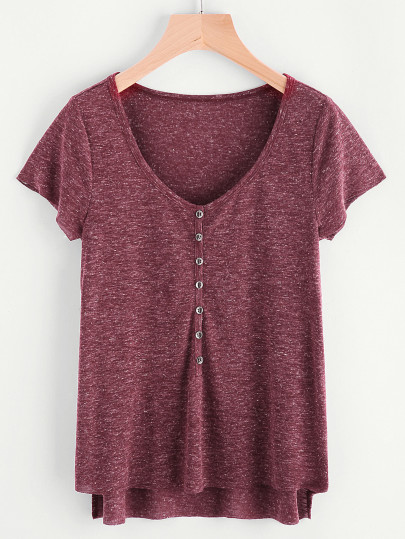 Marled Knit Button Front Staggered Hem T-shirt