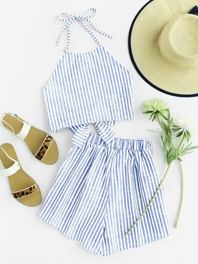Top dos nu à rayures avec nœuds papillon &Shorts