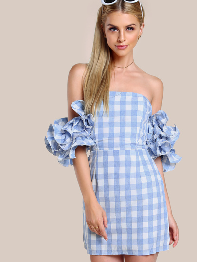 Layered Lettuce Hem Ruffle Sleeve Gingham Dress