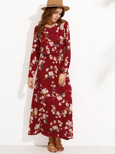 Flower Print Button Front Full Length Dress