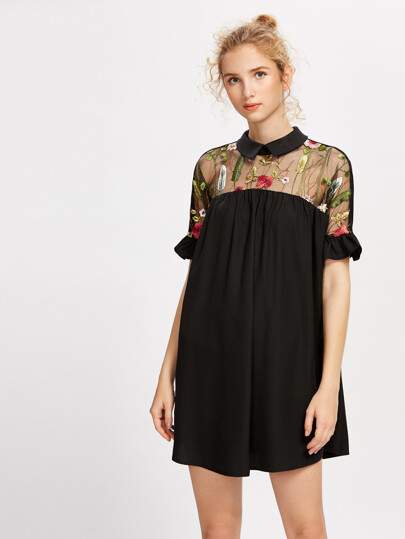 Embroidered Mesh Yoke Tie Back Ruffle Sleeve Smock Dress