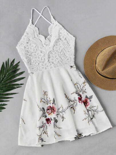 Vestido cruzado en la espalda de encaje con estampado floral