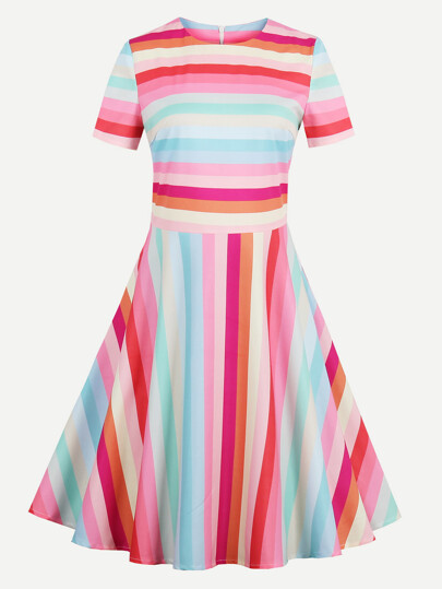 Rainbow Stripe Fit & Flare Dress