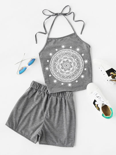 Top ras de cou imprimé graphique &Shorts