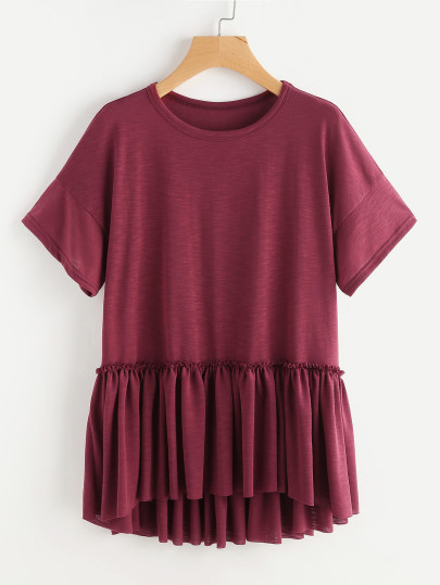 Drop Shoulder Frill Detail Dip Hem Tee