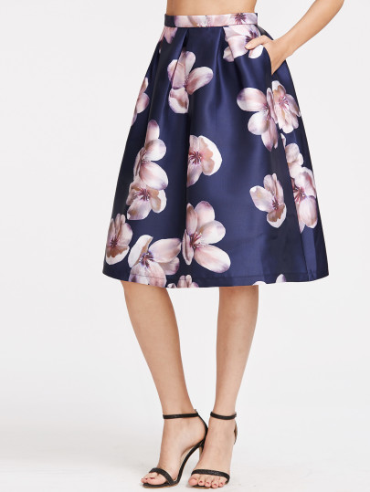 Falda plisada con estampado de flor - marino