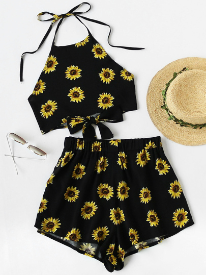 Chrysanthemum Print Random Knot Open Back Top With Shorts
