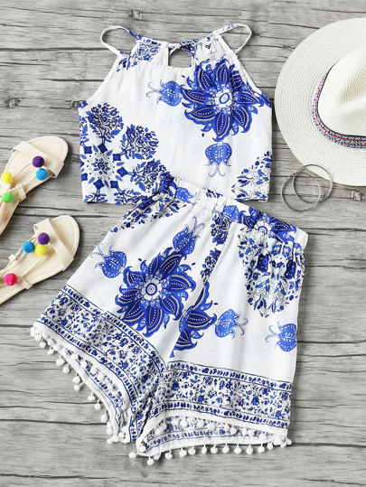 Printed Random Self Tie Back Top With Pom Pom Shorts