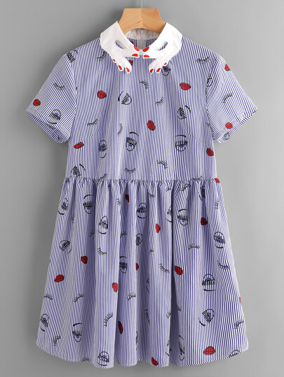 Contrast Hand Pattern Collar Facing Print Smock Dress