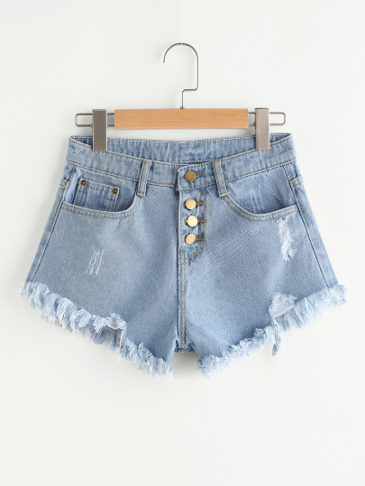 Distress Fray Hem Single Breasted Denim Shorts