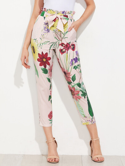 Ruffle Waist Self Belt Mixed Print Pants