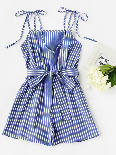 Vertical Striped Self Tie Shoulder Belt Romper
