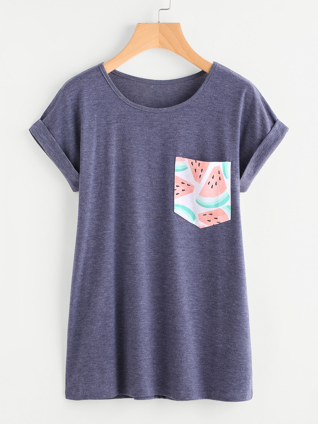 Contrast Watermelon Print Pocket Cuffed Tee