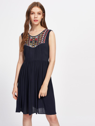Embroidered Yoke Tied Open Back Crinkle Dress
