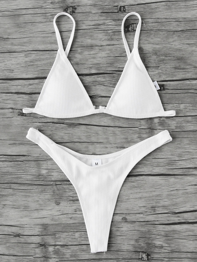 High Leg Triangle Ribbed Bikini Set