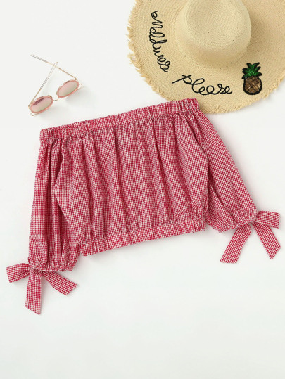 Karo Crop Top mit Bardot und Schleife Ärmeln