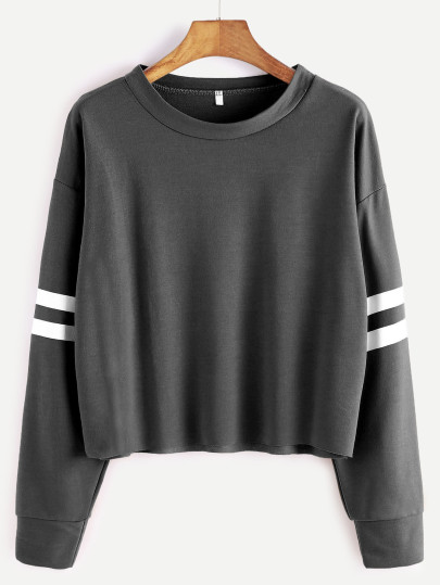 Deep Grey Drop Shoulder Varsity Striped Crop T-shirt