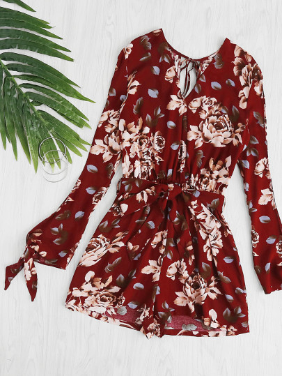 Split manga y respaldo Surplice envoltura Floral Romper