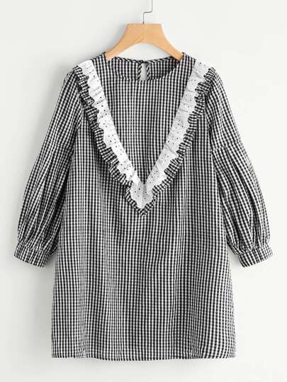 Eyelet Embroidered Ruffle Yoke Bishop Sleeve Gingham Dress