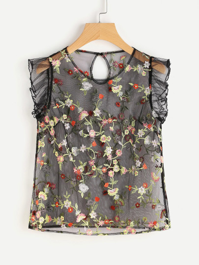 Embroidery Frill Sleeve Sheer Blouse