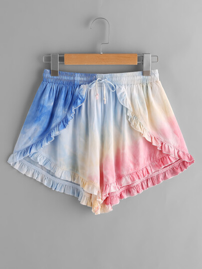 Frill Trim Pastel Tie Dye Wrap Shorts