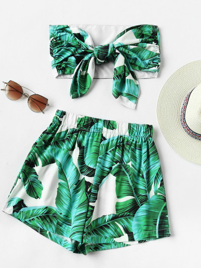 Leaf Print Random Bow Tie Crop Bandeau Top With Shorts