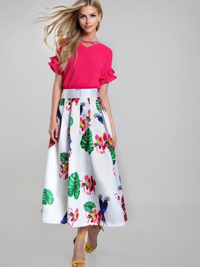 Parrot Tropical Print Box Pleated Skirt