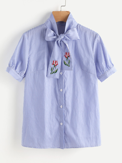 Flower Embroidered Tie Neck Blouse