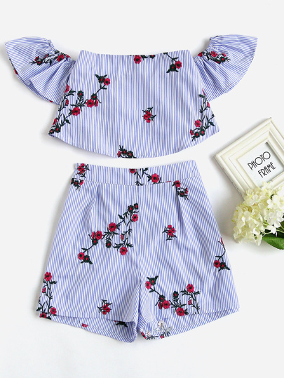 Flower Embroidered Flounce Bardot Top And Shorts Set
