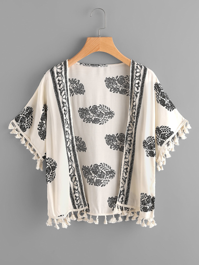 Kimono imprimé des feuilles avec des franges