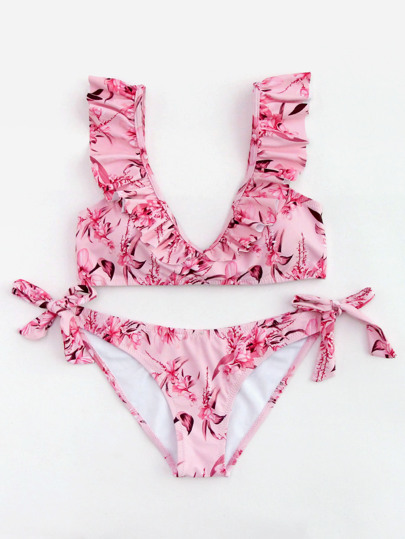 Floral Print Frill Trim Tie Side Bikini Set