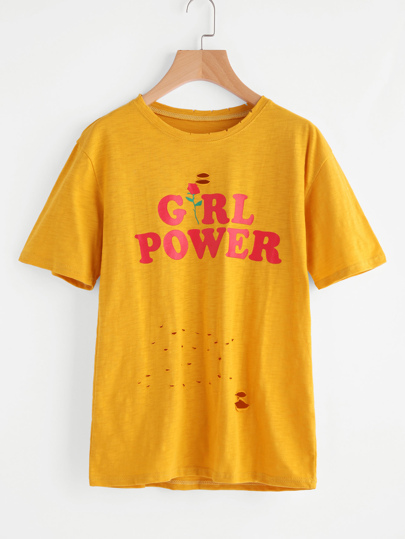 Tee-shirt lacéré imprimé des lettres et des roses