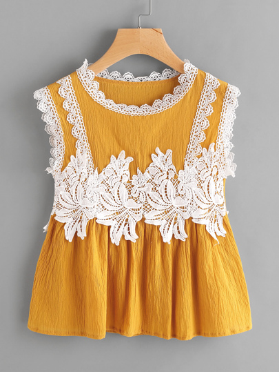 Contrast Crochet Appliques Trim Smock Blouse