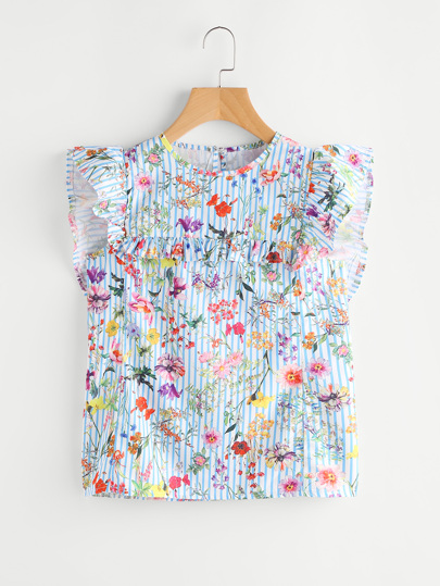 Calico Print Frill Trim Keyhole Back Striped Top
