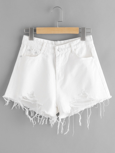 Destroyed Fray Hem Denim Shorts