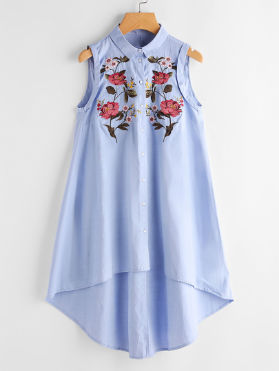 Floral Embroidered Dip Hem Shirt Dress