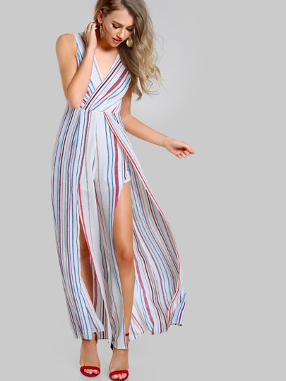 Tie Up Split Front Striped Jumpsuit WHITE