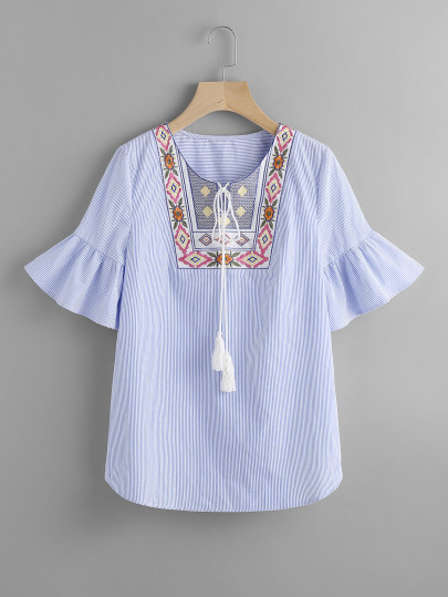 Tasseled Tie Embroidered Yoke Fluted Sleeve Top